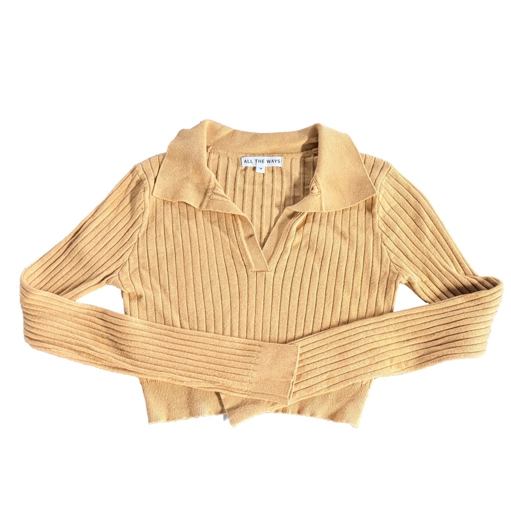 All The Ways Angela Crop Long-Sleeve Sweater Top in Tan Women’s Size Medium - Picture 2 of 6